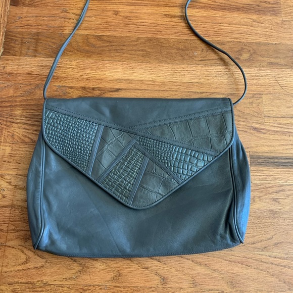 Vintage 80s Albi Gray Leather Crossbody Purse Crocodile Print - Picture 3 of 11